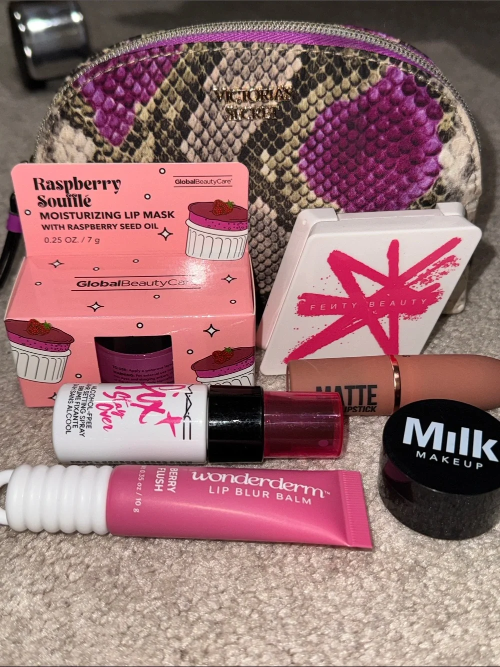 Victoria's Secret Pink & Cream Snake-Print Makeup Pouch with Pink Lip Care Set